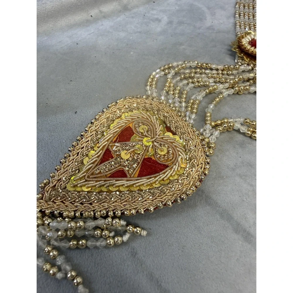 Statement Beaded Necklace Set 2PC Gold Tone Red Indian‎ Bridal Tassel Pendants